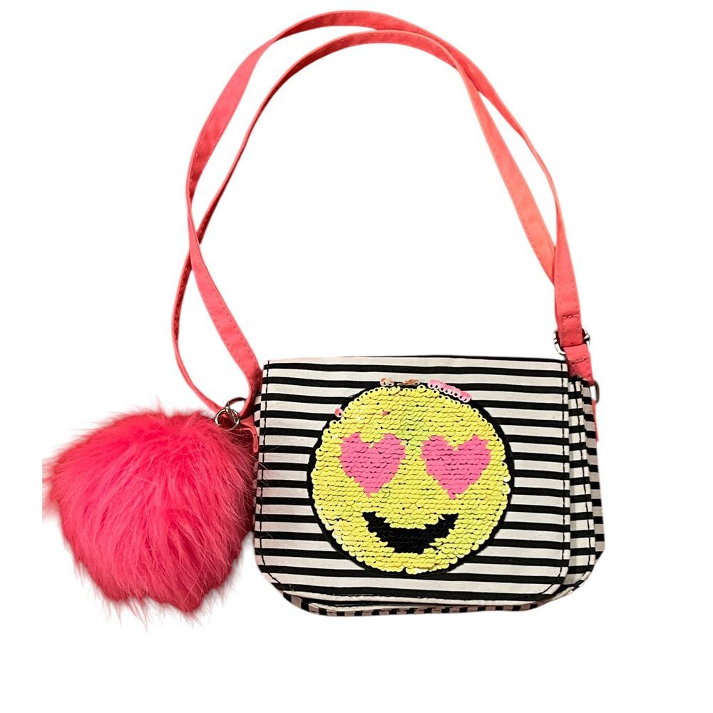 Emojination 2 Emoji Flip Sequins Black White Striped Purse Pink Ball 6" x 7"